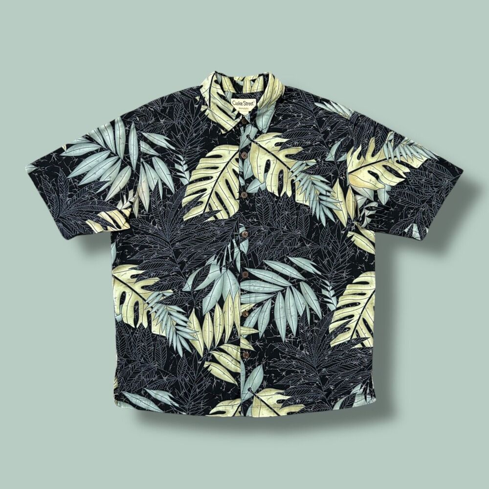Vintage Hawaiian Shirt Leaf Print Button Up Aloha y2k Cotton Black Green Large